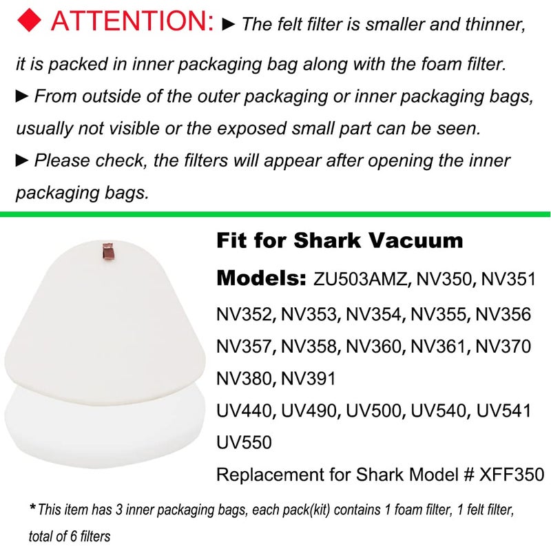 Dttery 3 Foam & Felt Filters Kit Replacement for Shark Navigator Lift-Away Vacuum NV350, NV351, NV352, NV355, NV356, NV356E, NV357, NV360, NV370, NV391, UV440, UV490, UV540 Part XFF350 - Image 2